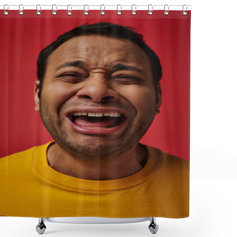 Personality  Face Expression, Emotional Indian Man In Yellow T-shirt Crying Loud On Red Background, Open Mouth Shower Curtains