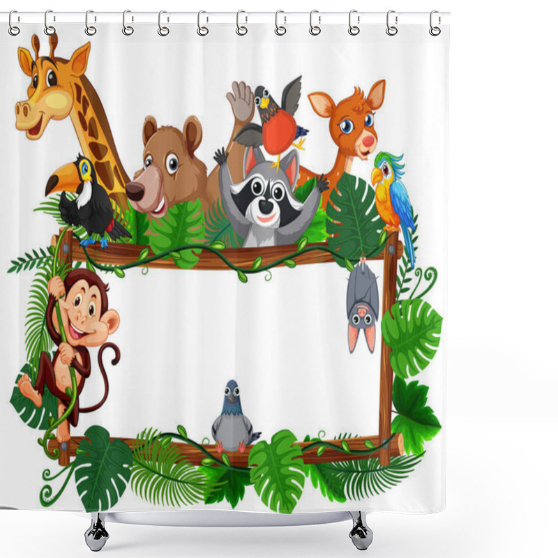 Personality  Vector Cartoon Illustration Of Zoo Animals Surrounded By Tropical Plants On A Wooden Frame Shower Curtains