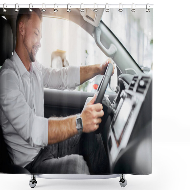 Personality  Handsome Caucasian Guy Sits Behind The Wheel Of New Automobile Shower Curtains