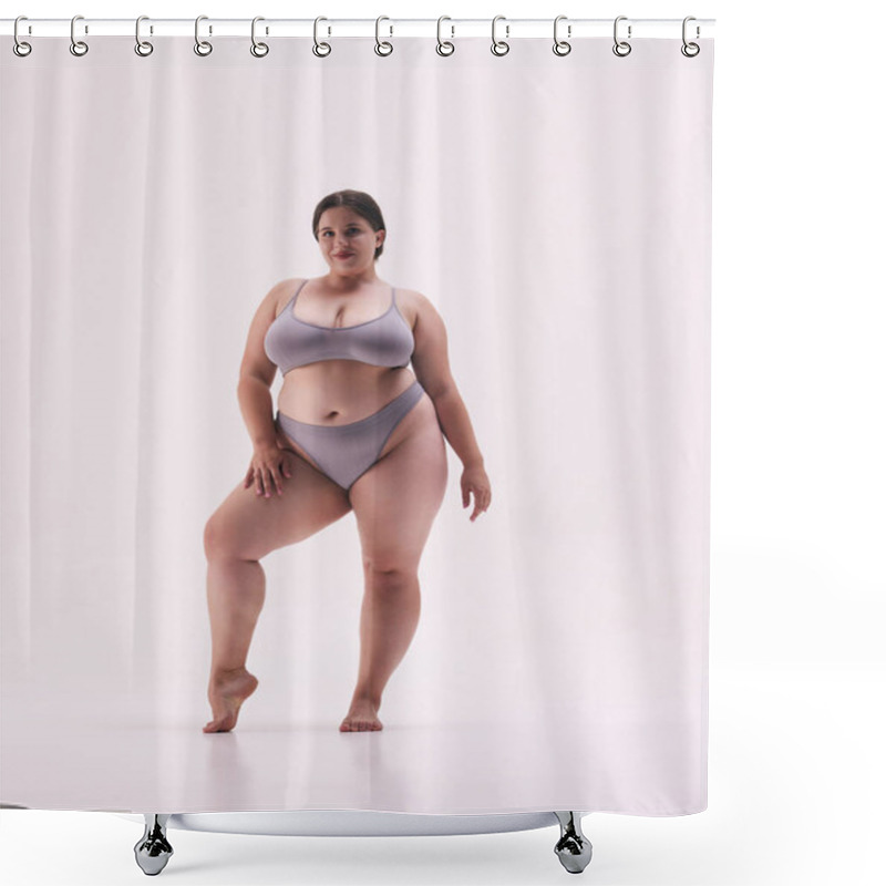 Personality  Empowered, Beautiful Plus Size Woman Wearing Grey Underwear, Standing Strong And Proud Against White Studio Background. Concept Of Natural Beauty, Body Positivity, Self Love, Spa Treatments. Ad Shower Curtains