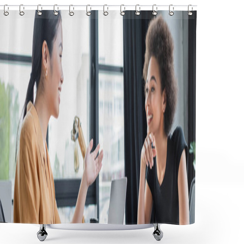 Personality  Asian Businesswoman Pointing With Hand While Talking To Smiling African American Colleague, Banner Shower Curtains