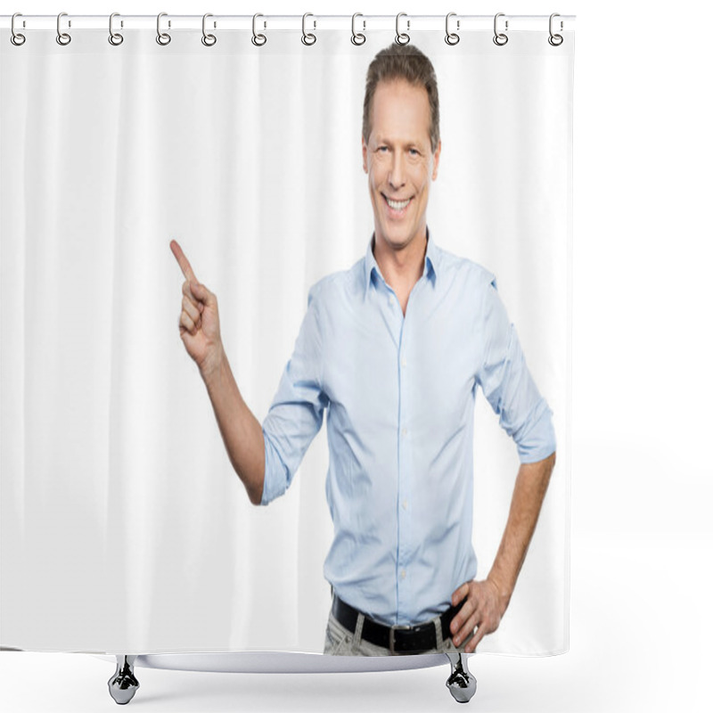 Personality  Mature Man In Shirt  Pointing Away Shower Curtains