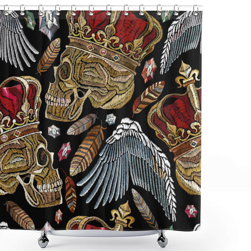 Personality  Embroidery Golden Crown, Human Skull, Feathers And Angel Wings Shower Curtains