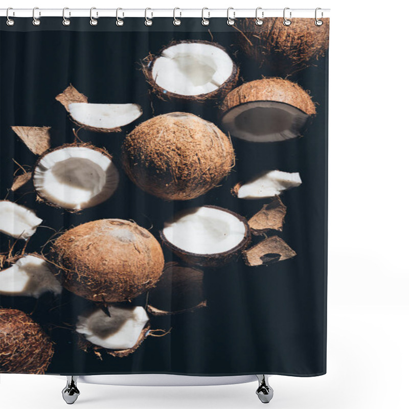 Personality  Top View Of Whole And Cracked Coconuts Isolated On Black Shower Curtains