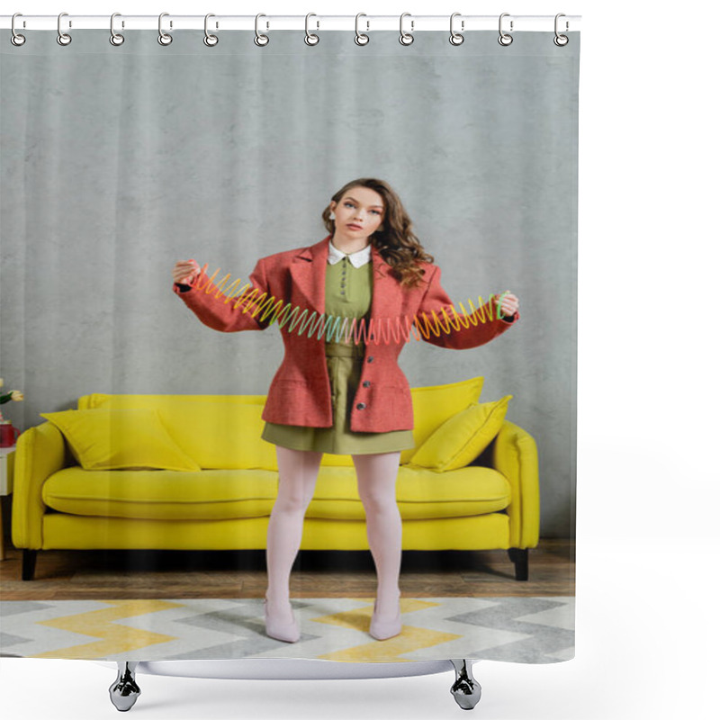 Personality  Young Brunette Woman Posing Like A Doll And Playing With Rainbow Slinky, Looking At Camera, Modern Living Room With Yellow Couch, Childish, Vintage, Nostalgia, Colorful Toy, Leisure And Fun  Shower Curtains