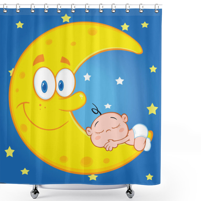 Personality  Cute Baby Boy Sleeps On The Smiling Moon Over Blue Sky With Stars Shower Curtains