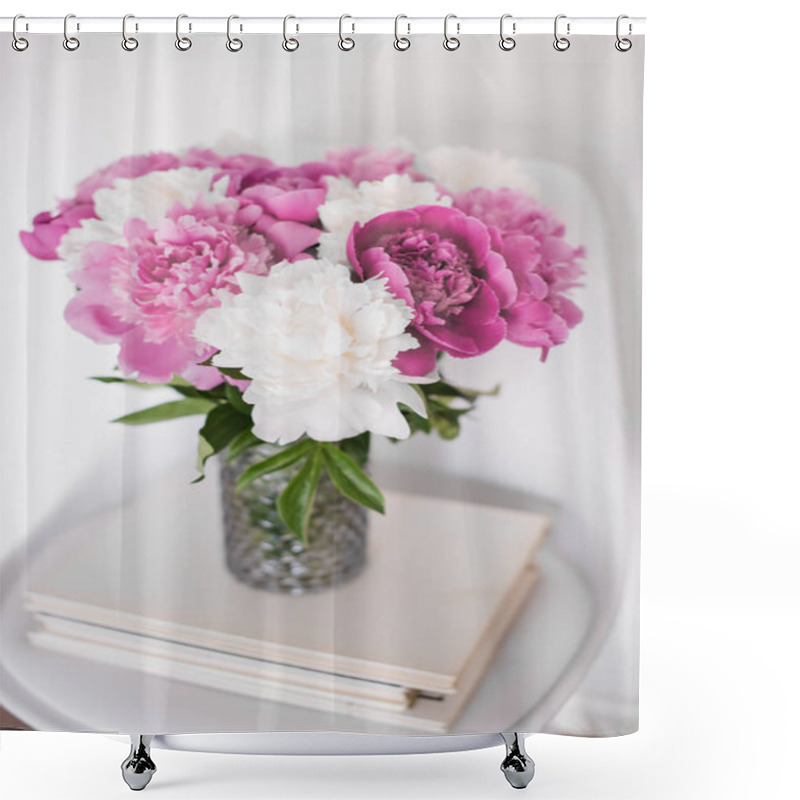 Personality  Flowers Decor, Fresh Peonies On Designer Chair In White Room Int Shower Curtains