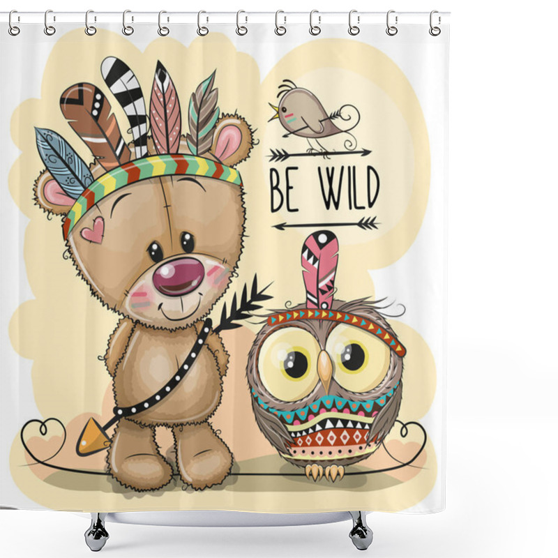 Personality  Cute Cartoon Tribal Teddy Bear And Owl With Feathers Shower Curtains