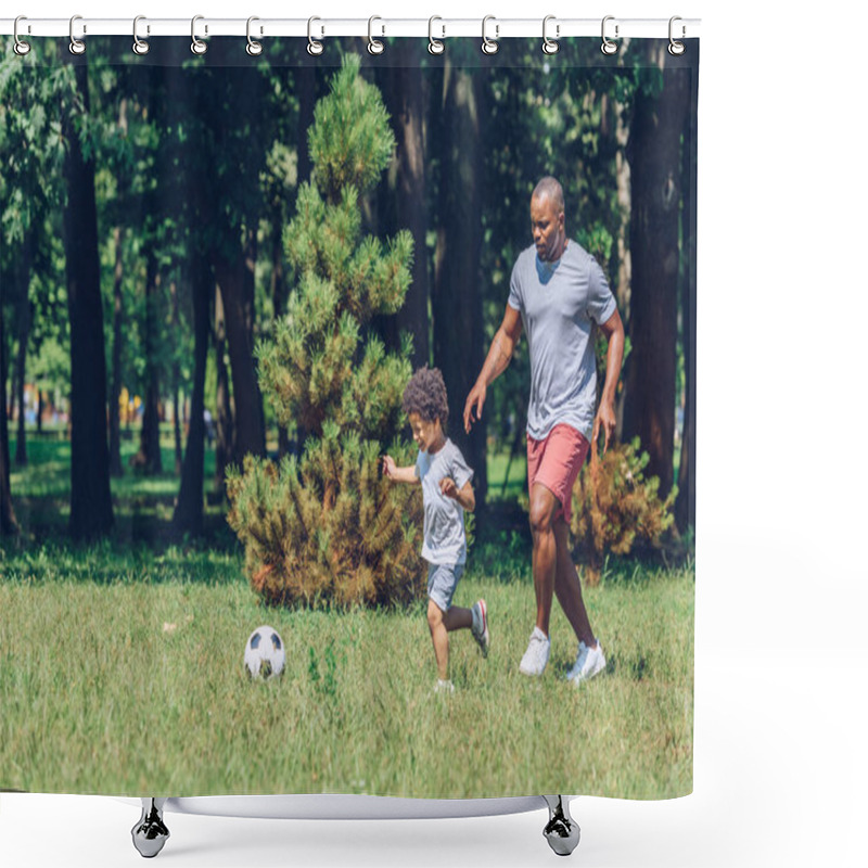 Personality  Cheerful African American Father And Son Playing Football In Park Shower Curtains