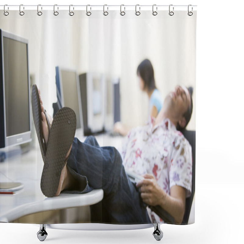 Personality  Man In Computer Room Sleeping Shower Curtains