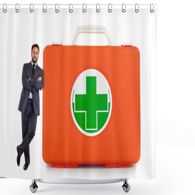 Personality  Young Business Man Leaning Against Near The First Aid Box Shower Curtains