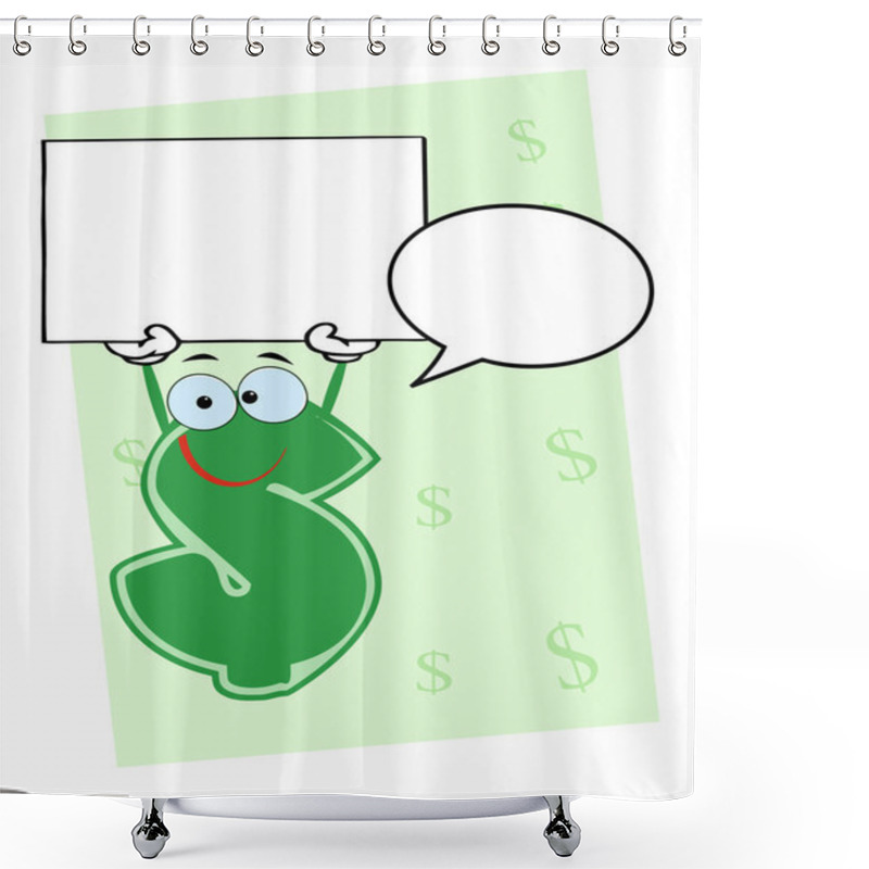 Personality  Dollar Currency Character With A Word Balloon And Blank Sign Over Green Shower Curtains