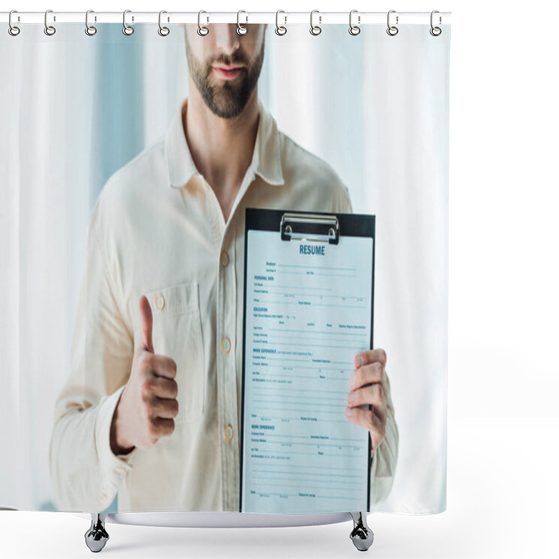 Personality  Cropped View Of Bearded Man Showing Thumb Up And Holding Clipboard With Resume Letters  Shower Curtains