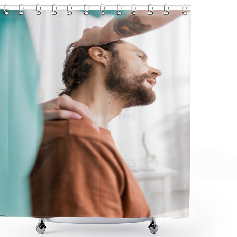 Personality  Blurred Rehabilitation Specialist Stretching Neck Of Bearded Patient While Doing Diagnostics In Consulting Room Shower Curtains