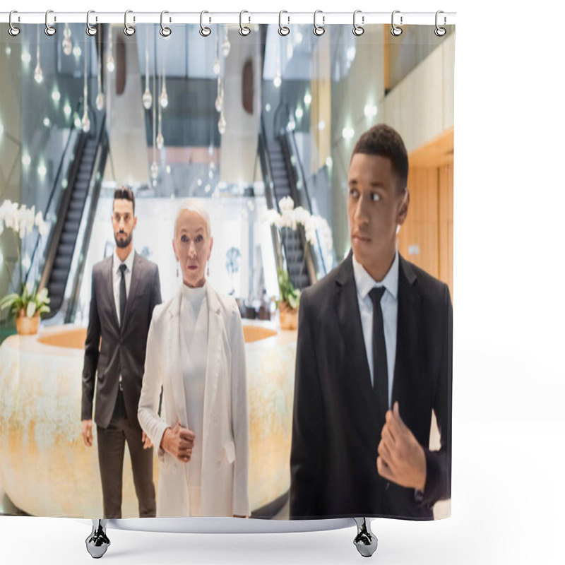 Personality  Interracial Security Men Escorting Senior Businesswoman In Modern Hotel Shower Curtains