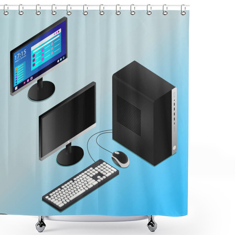 Personality  Vector Illustration Of A Realistic Black Desktop Pc In Isometry With Empty And Working Screen Shower Curtains