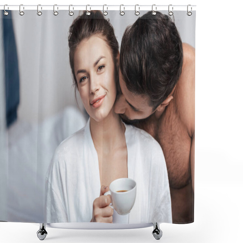 Personality  Young Woman Having Coffee In Bed Shower Curtains