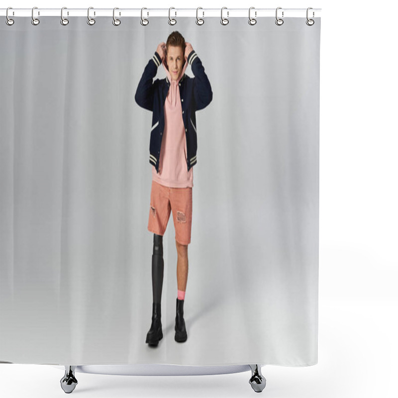 Personality  Young Man Confidently Presents His Fashionable Attire And Prosthetic Leg In A Contemporary Space. Shower Curtains