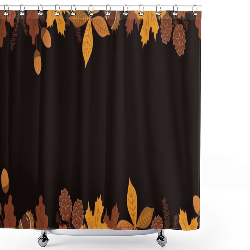 Personality  Fall Seamless Border. Frame. Autumn Banner. Autumn Leaves, Acorns, Chestnut, Maple, Oak, Chestnut Leaves. Vector Illustration In Yellow, Brown On Black Background Shower Curtains