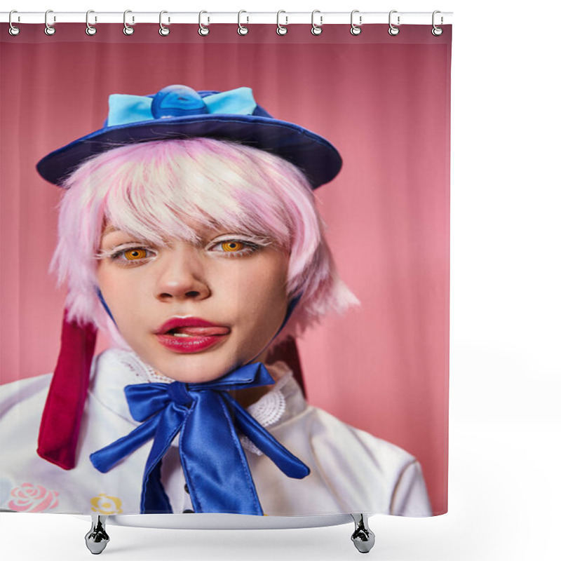 Personality  Alluring Young Female Cosplayer Sticking Out Her Tongue And Looking At Camera On Pink Backdrop Shower Curtains