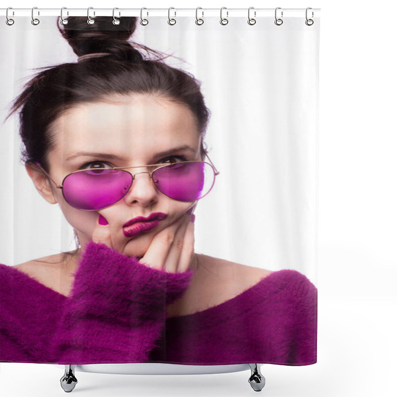 Personality  Girl In A Purple Sweater, Purple Glasses With Purple Lipstick On Her Lips Shower Curtains