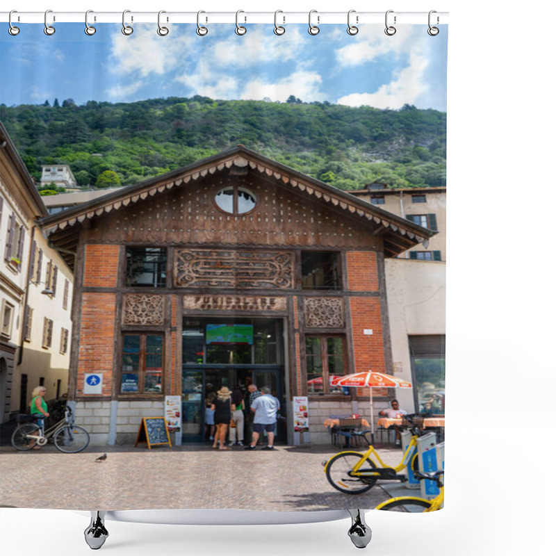 Personality  A Charming Wooden And Brick Funicular Station Entrance With Intricate Carvings, Located At The Base Of A Green Hillside, Surrounded By Tourists, Bicycles, And Outdoor Seating Under Umbrellas. Shower Curtains