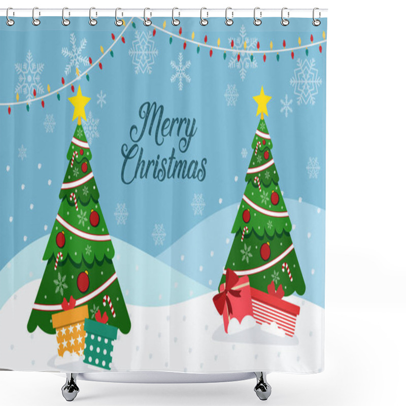 Personality  Vector Illustration Of Decorating Christmas Trees In Snow With Gifts And Lettering  Merry Christmas Shower Curtains