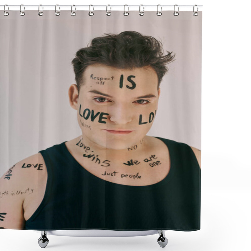 Personality  A Queer Person Showcases Expressive Body Art Featuring Messages Of Love And Respect On Their Skin. Shower Curtains