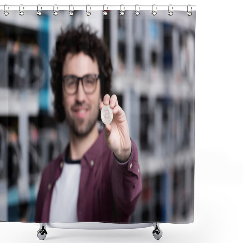 Personality  Handsome Computer Engineer Holding Bitcoin At Cryptocurrency Mining Farm Shower Curtains