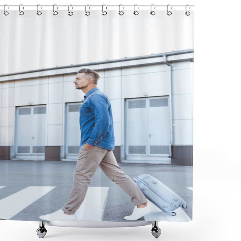 Personality  Side View Of Handsome Adult Man Crossing Pedestrian And Pulling His Luggage Shower Curtains