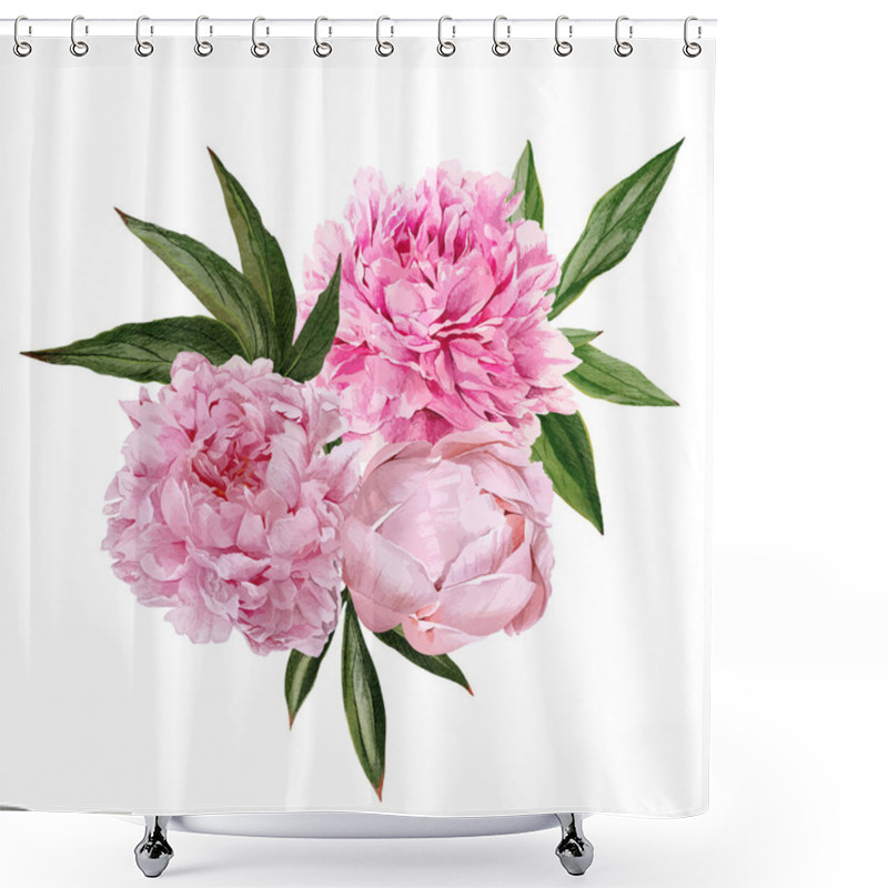 Personality  Lush Pink Peonies Bouquet With Leaves, Hand Drawn Shower Curtains