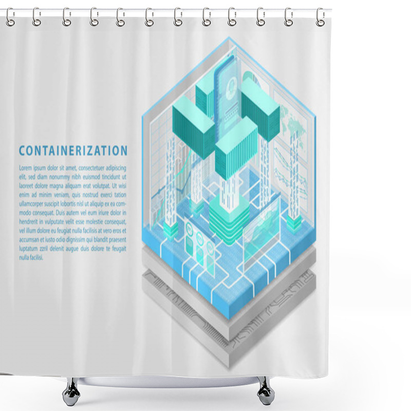 Personality  Application Containerization And Modular Software Development Concept With Symbol Of Smartphone And Containers As Isometric Vector Illustration.  Shower Curtains