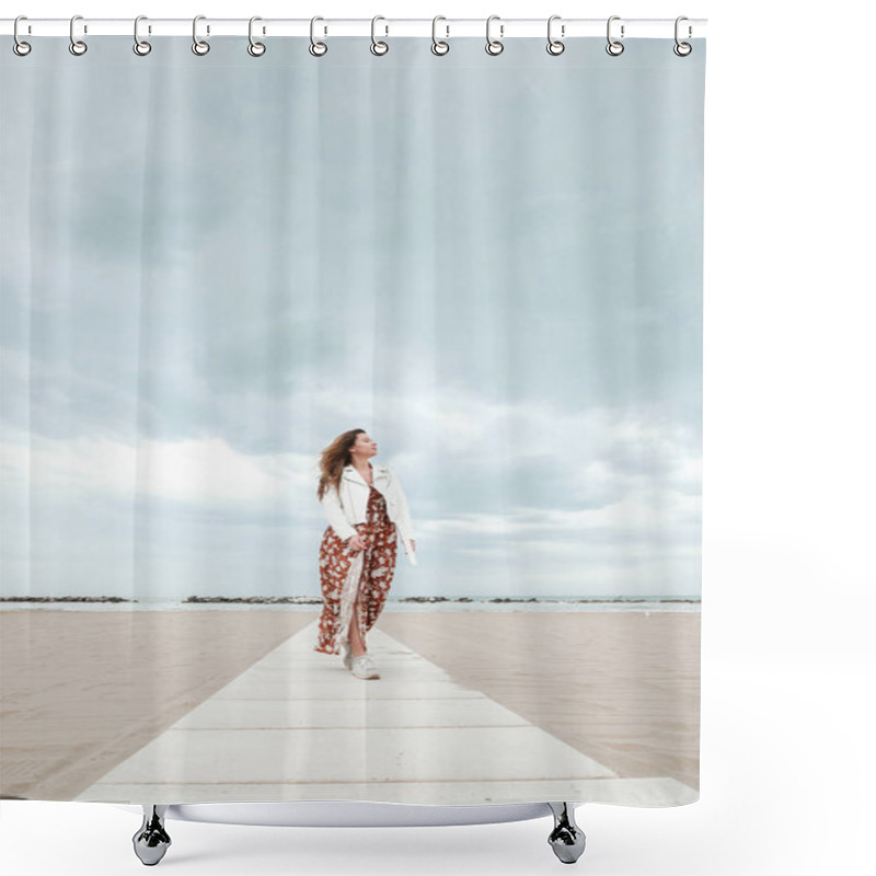 Personality  A Girl In A Flying Dress Is Walking Along The Coast Shower Curtains