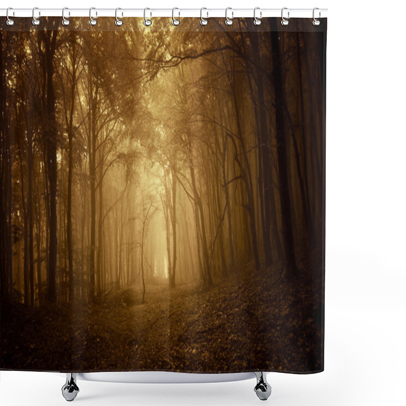 Personality  Path Trough A Dark Spooky Forest With Fog In Autumn On Halloween Shower Curtains