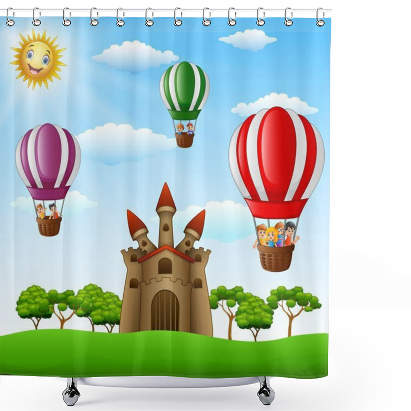 Personality  Cartoon Kids Riding In A Hot Air Balloon Near The Castle Shower Curtains