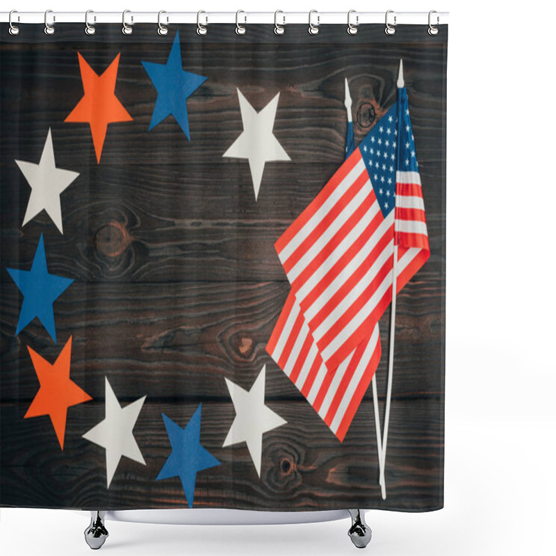 Personality  Top View Of Arranged American Flags And Stars On Wooden Surface, Presidents Day Celebration Concept Shower Curtains