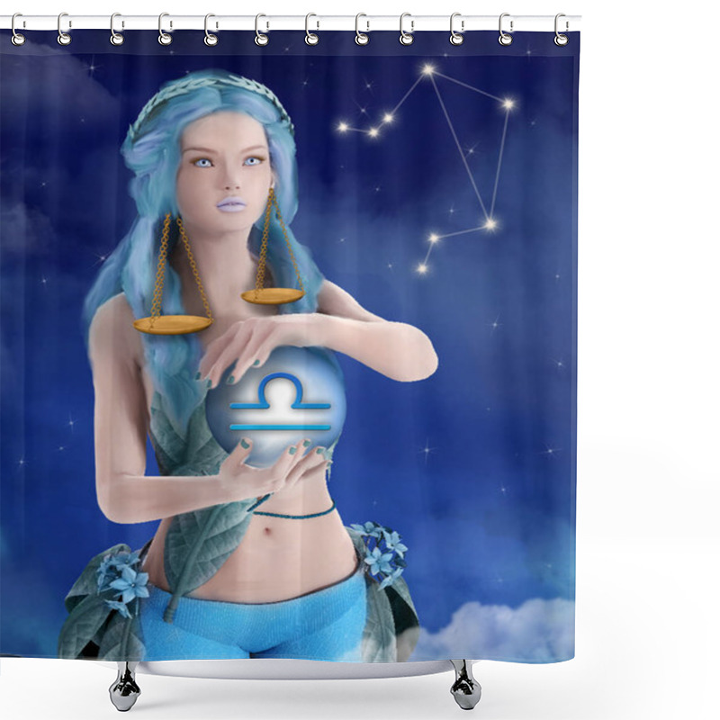 Personality  Beautiful Girl With Blue Hair And Bizarre Earrings In The Shape Of Scales Portraying Libra Zodiac Sign Shower Curtains