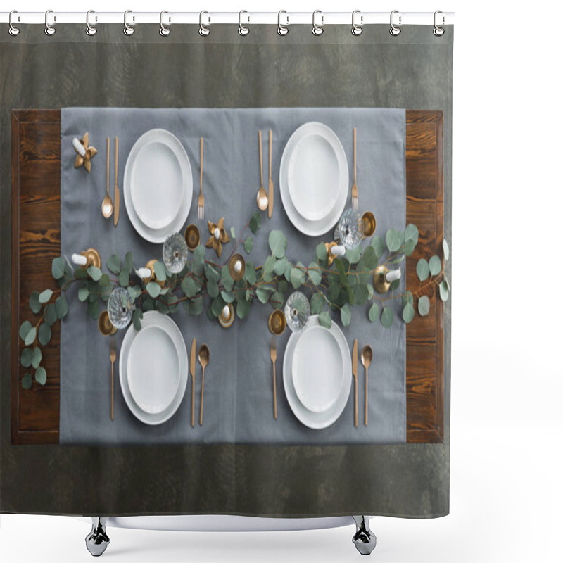 Personality  Top View Of Rustic Table Setting With Eucalyptus, Tarnished Cutlery, Wine Glasses, Candles And Empty Plates On Tabletop Shower Curtains