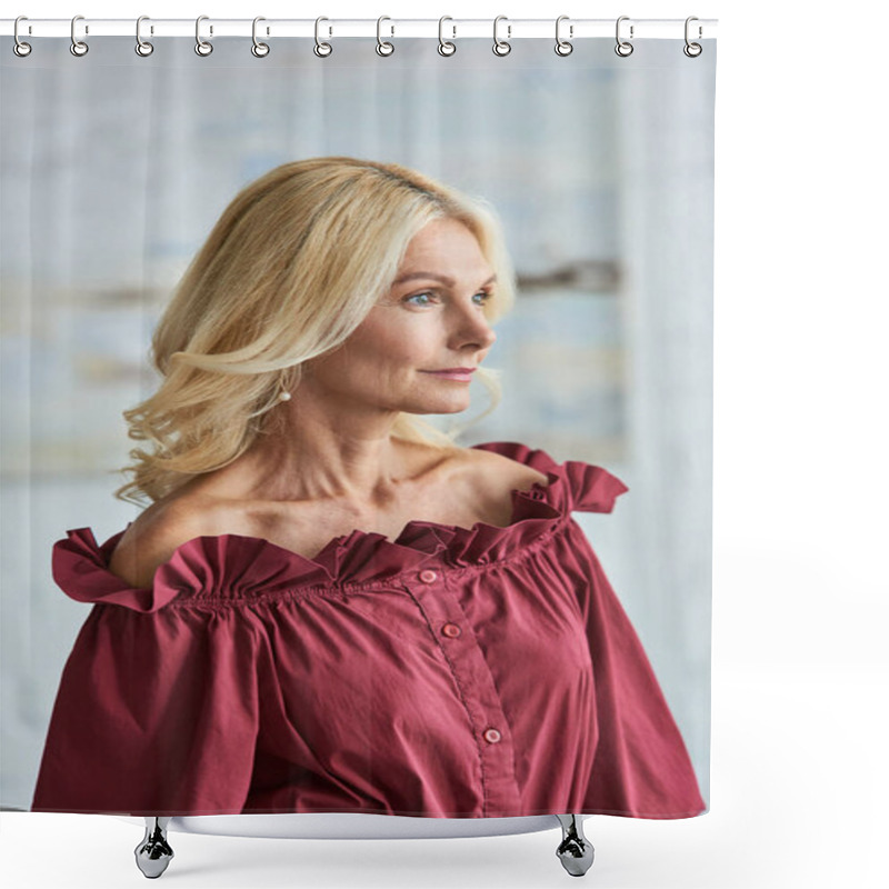 Personality  A Mature Woman With Blonde Hair In A Stylish Red Blouse. Shower Curtains