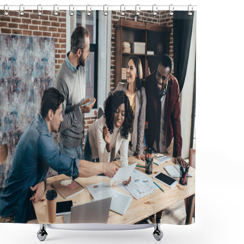 Personality  Smiling Multiethnic Group Of Colworkers Having Meeting And Discussing Together New Project In Modern Loft Office Shower Curtains