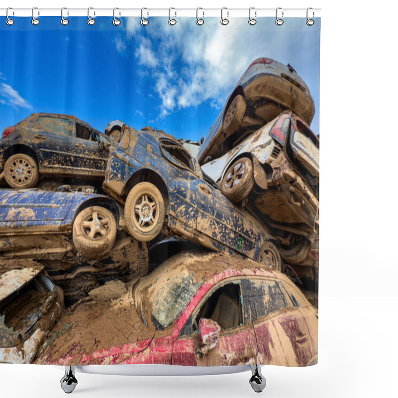 Personality  CATARROJA, VALENCIA SPAIN - DECEMBER 4 2024: After The Dana Floods In Valencia Province On October 29th 2024 Left Massive Wrecked Cars, Impacting Countless Families, Claiming Over 200 Human Lives. Shower Curtains