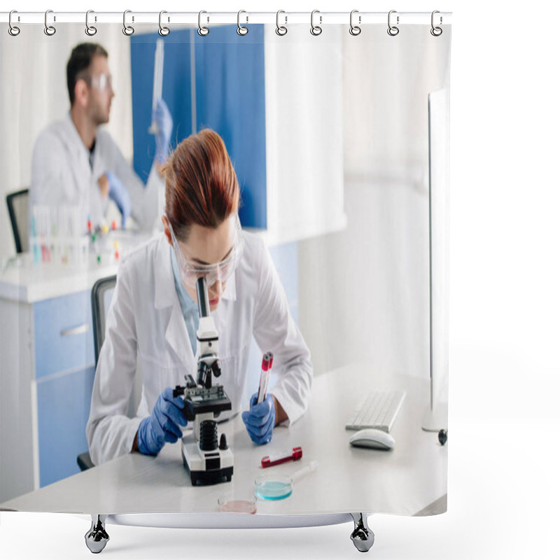 Personality  Selective Focus Of Genetic Consultant Holding Test Tubes And Using Microscope In Lab  Shower Curtains