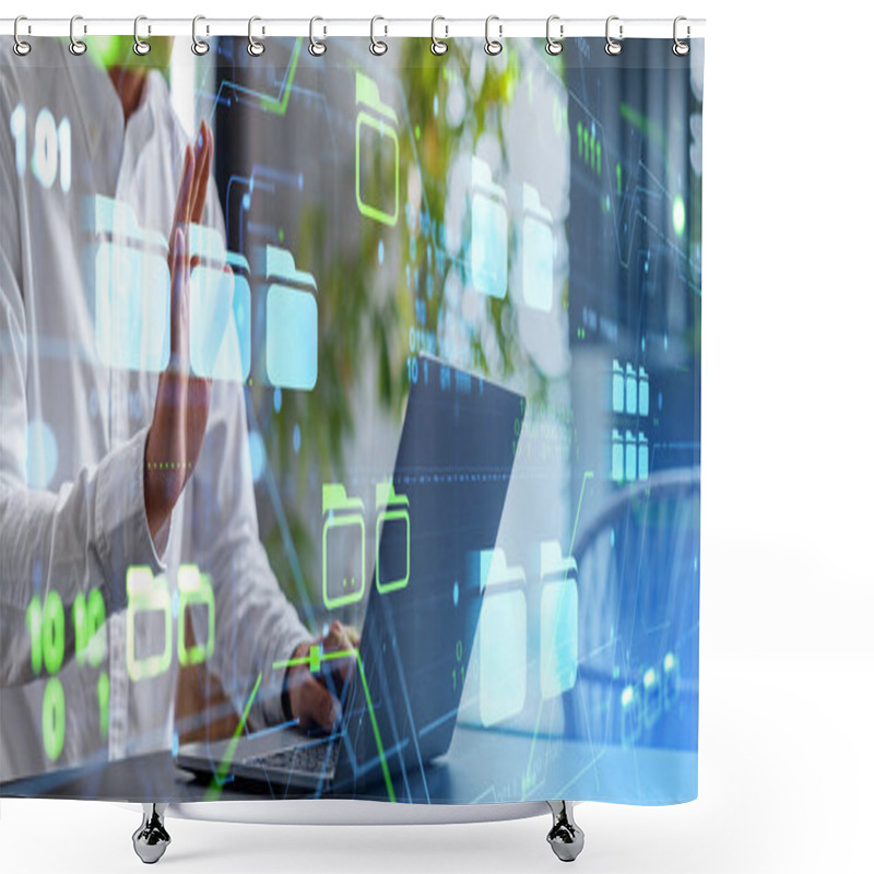 Personality  Hand Of Businessman Using Immersive Document Management System DMS Interface At Blurry Office Table. Software For Corporate Files Management, Archivation And Search. Business Information Processing Shower Curtains