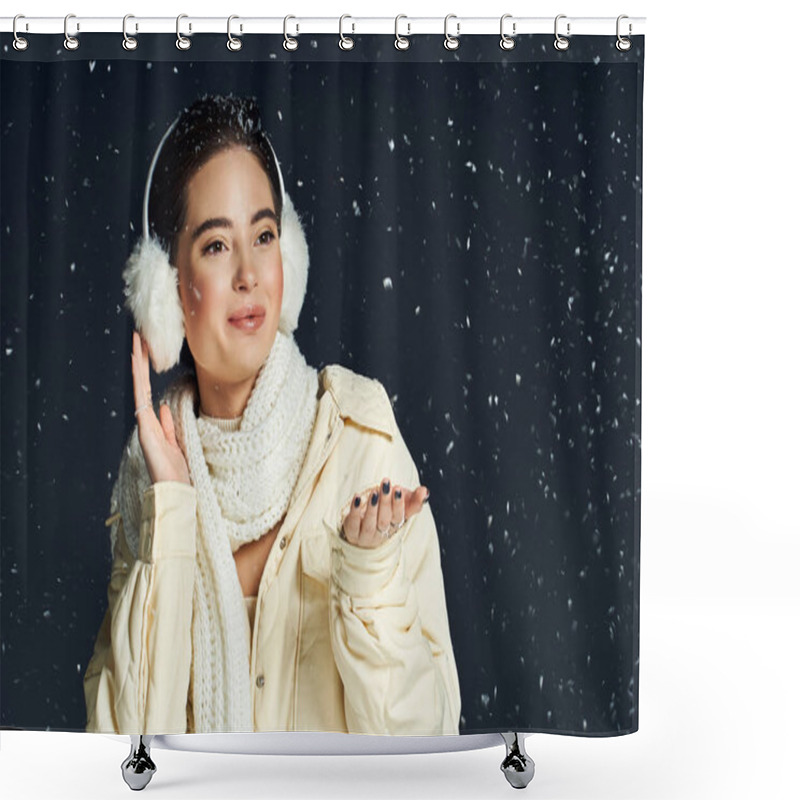 Personality  A Cheerful Woman Is Playfully Catching Snowflakes While Dressed Warmly For Winter. Shower Curtains