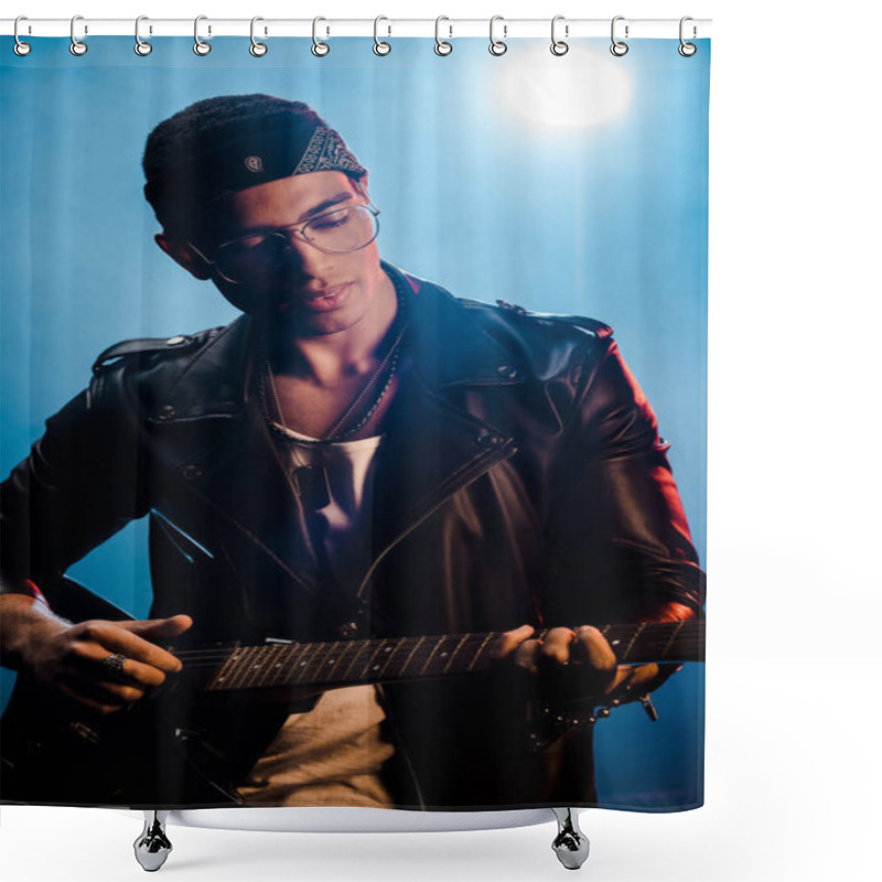 Personality  Focused Male Rock Star In Leather Jacket Performing On Electric Guitar On Stage With Smoke And Dramatic Lighting  Shower Curtains