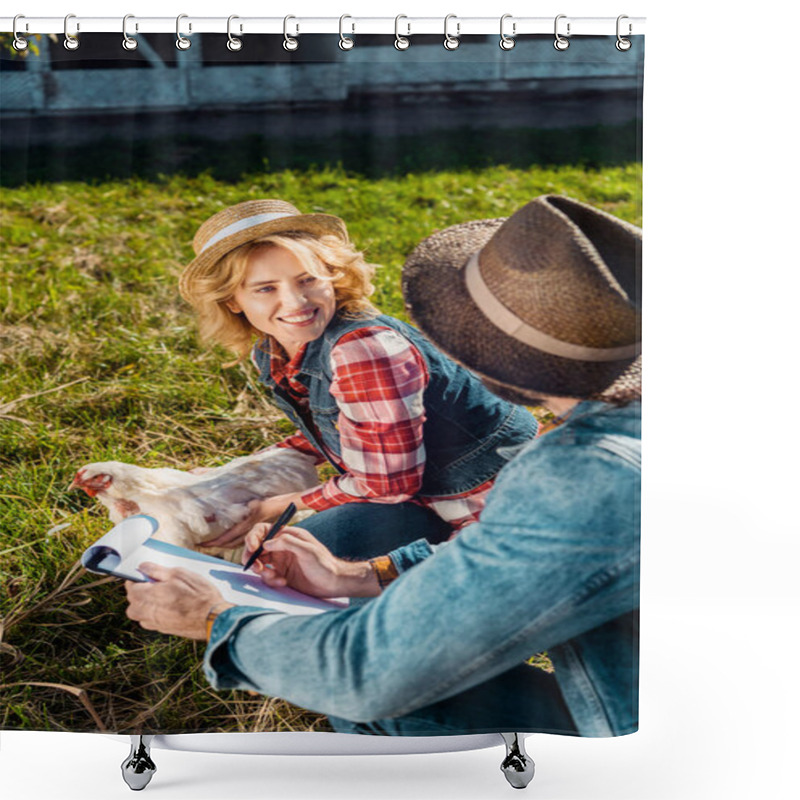 Personality  Cheerful Woman Holding Chicken While Her Boyfriend Making Notes In Clipboard At Farm Shower Curtains