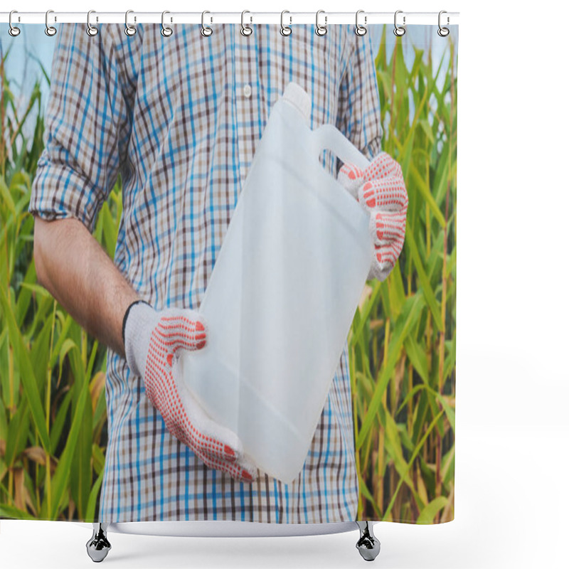 Personality  Farmer Holding Pesticide Chemical Jug In Cornfield. Blank Unlabeled Bottle As Mock Up Copy Space For Herbicide, Fungicide Or Insecticide Used In Corn Crop Farming. Shower Curtains