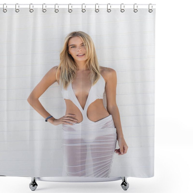 Personality  A Stunning Blonde Woman Strikes A Pose In A Flowing White Dress Against The Backdrop Of Miami Beach. Shower Curtains