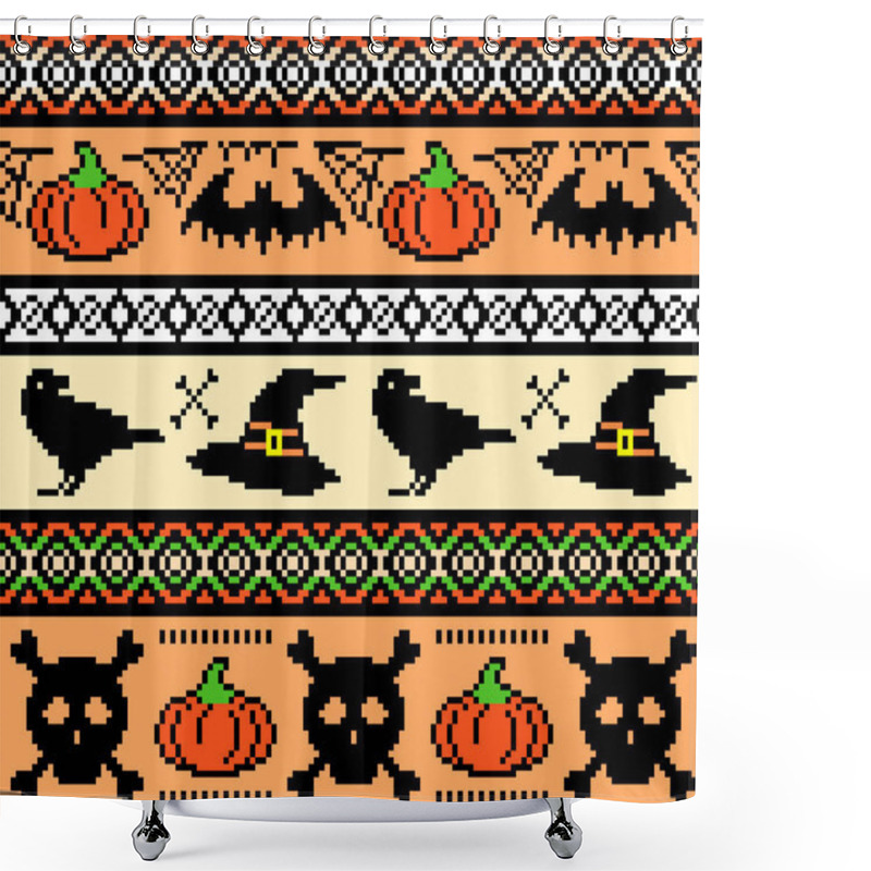 Personality  Halloween, Pixel Art. Seamless Pattern With Bats Hats And Skulls, Repeating Background For Embroidery And Knitting,Seamless Knitting Pattern Shower Curtains