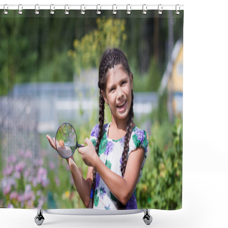 Personality  Girl With Magnifying Glass And Beetle  Shower Curtains